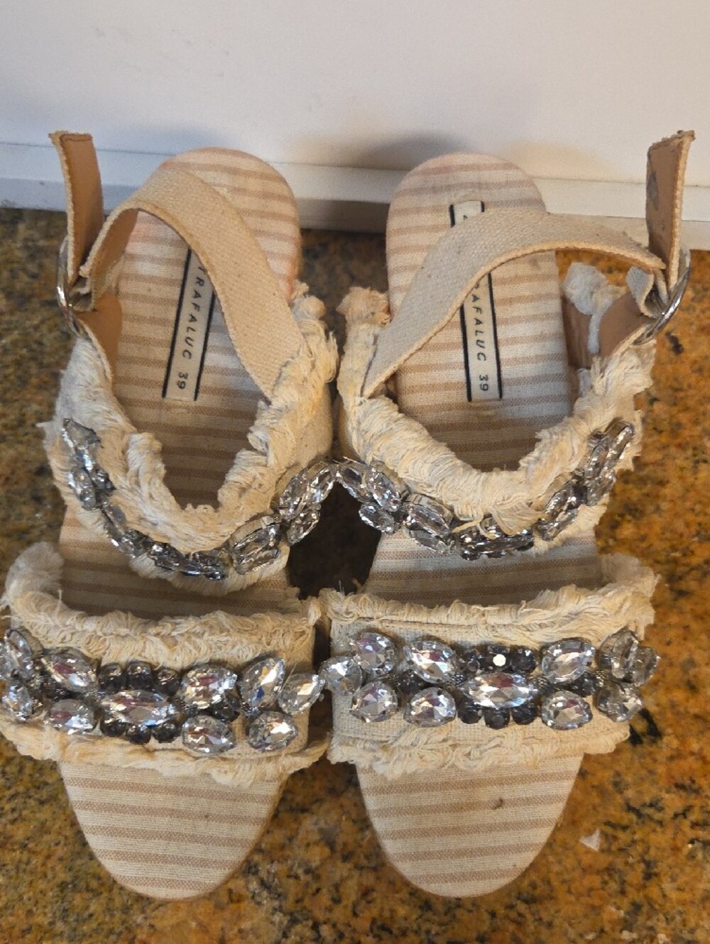 Zara Cream Jeweled Espadrille Platform Sandals Zara Trafaluc Size 39 - Picture 2 of 5